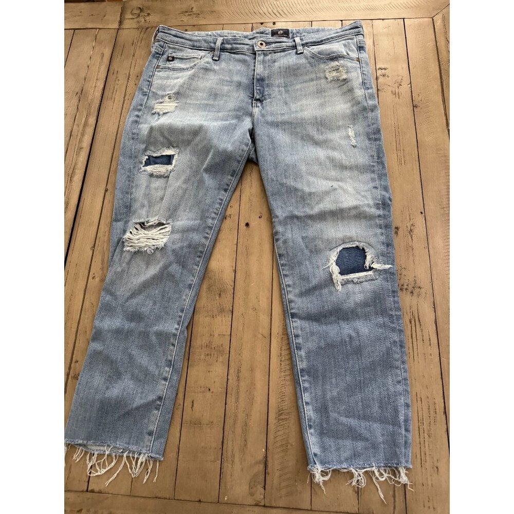 AG Jeans The Middi Ankle Raw Hem Jeans Artisan Patch Distressed Size 30